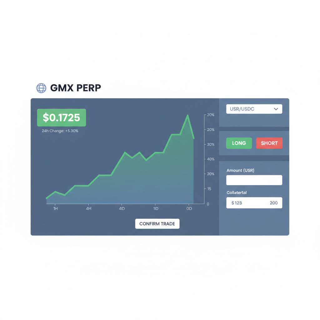 GMX perp trading dashboard showing USR/USDC pair selected, price chart at $0.1725
