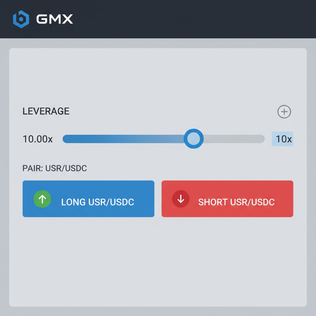 GMX leverage slider set to 10x on USR/USDC trade setup, interface closeup