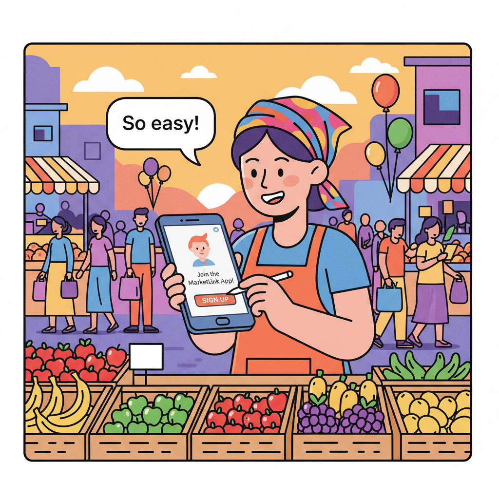 street vendor smiling at smartphone screen signing up for app, bustling market background, vibrant colors