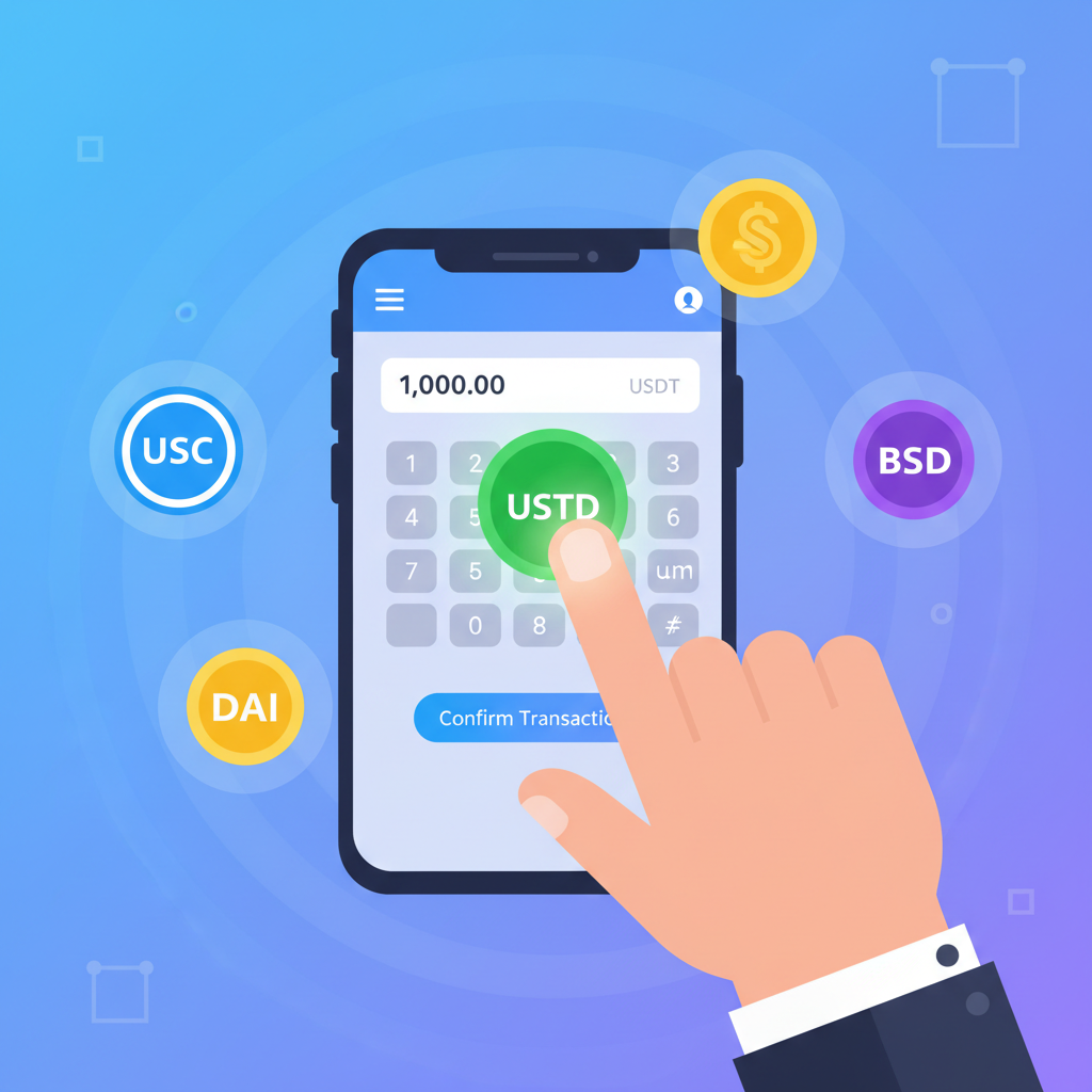 close-up hand selecting USDT icon and entering amount on mobile app, colorful stablecoin logos glowing