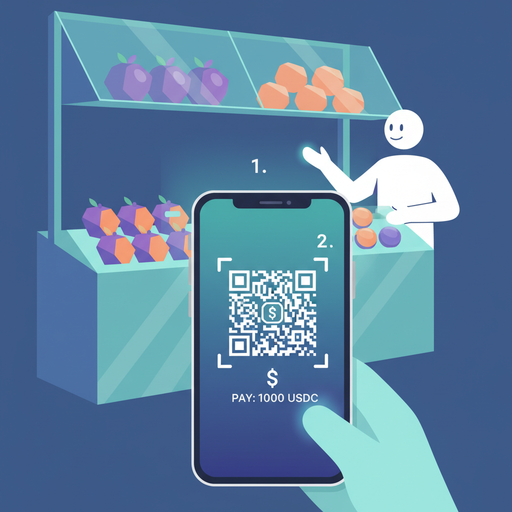 smartphone screen showing freshly generated QR code for stablecoin payment, futuristic glow, market stall setting