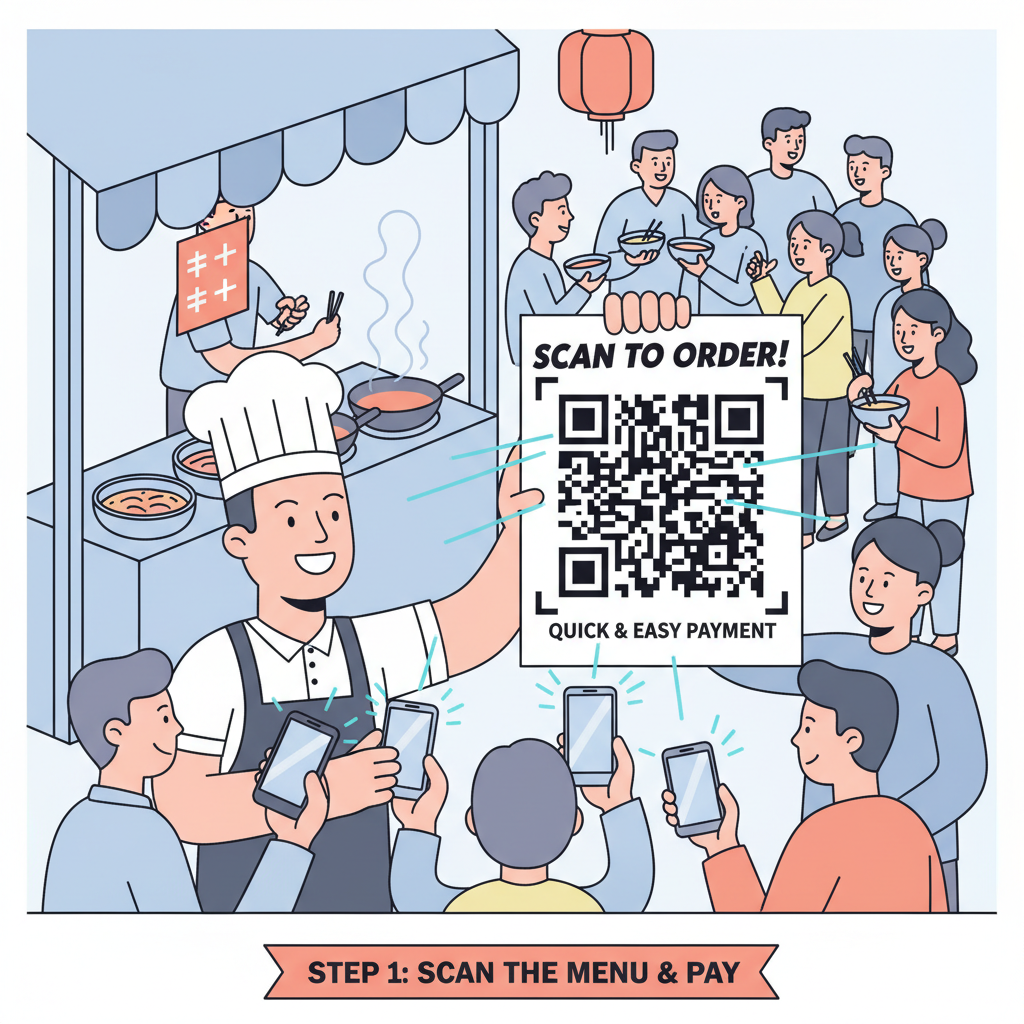 street vendor holding up large QR code poster at busy food stall, customers scanning with phones, energetic crowd