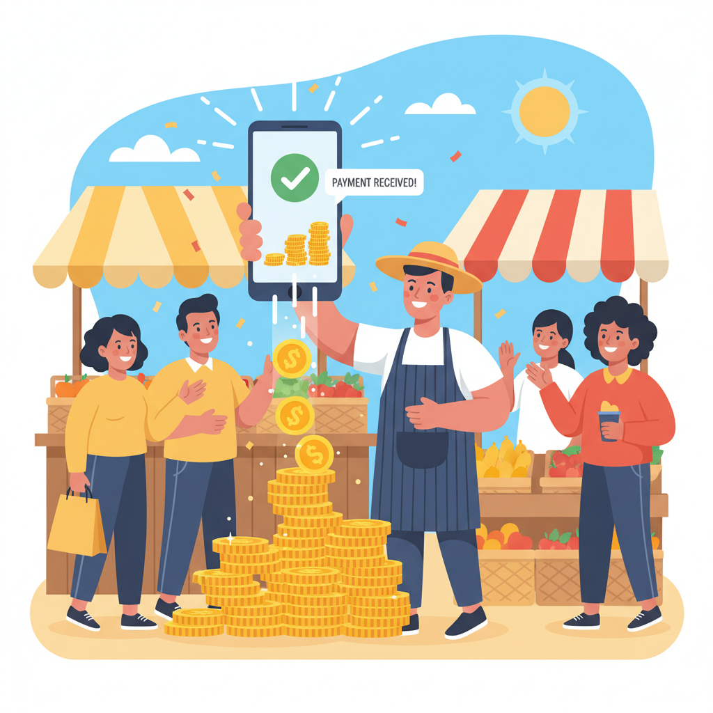 excited vendor checking incoming payment notification on phone, coins stacking up digitally, joyful market scene