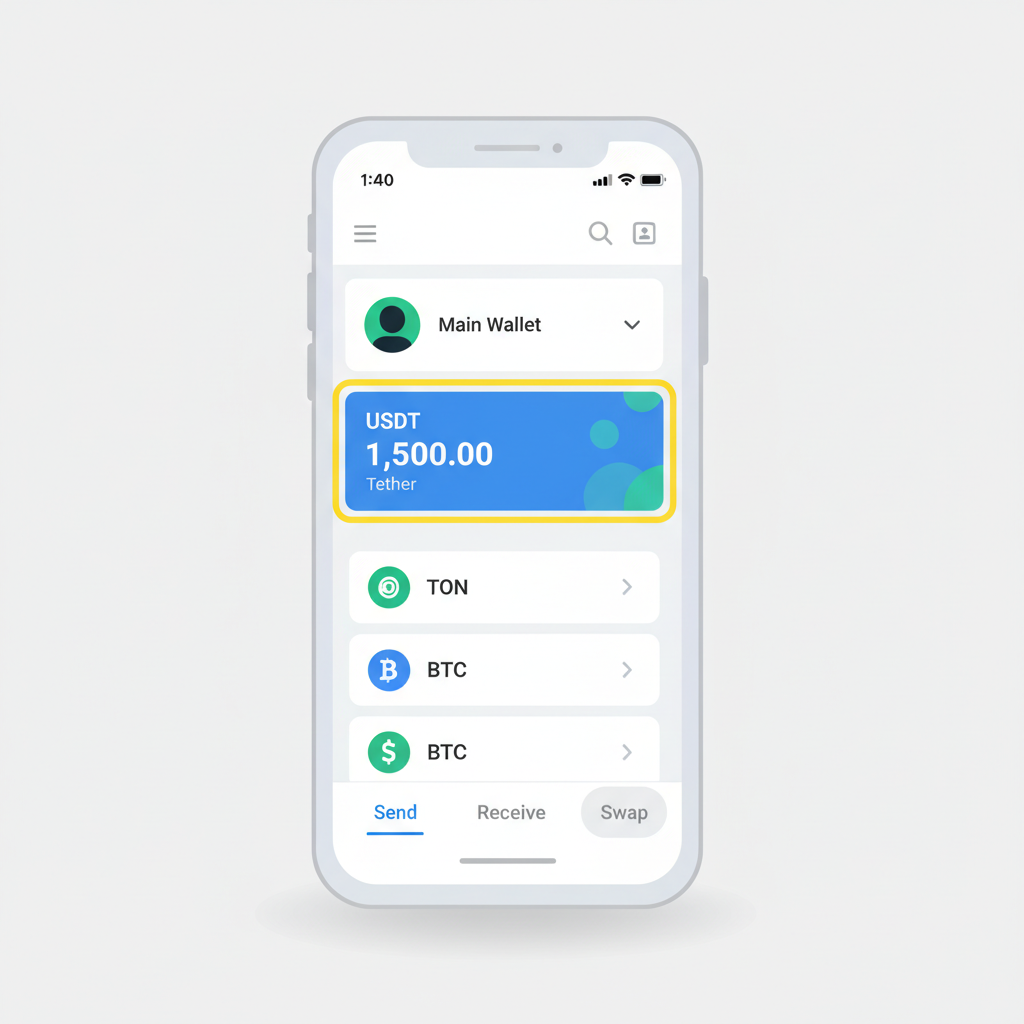 Tonkeeper app interface showing USDT token balance highlighted on main screen
