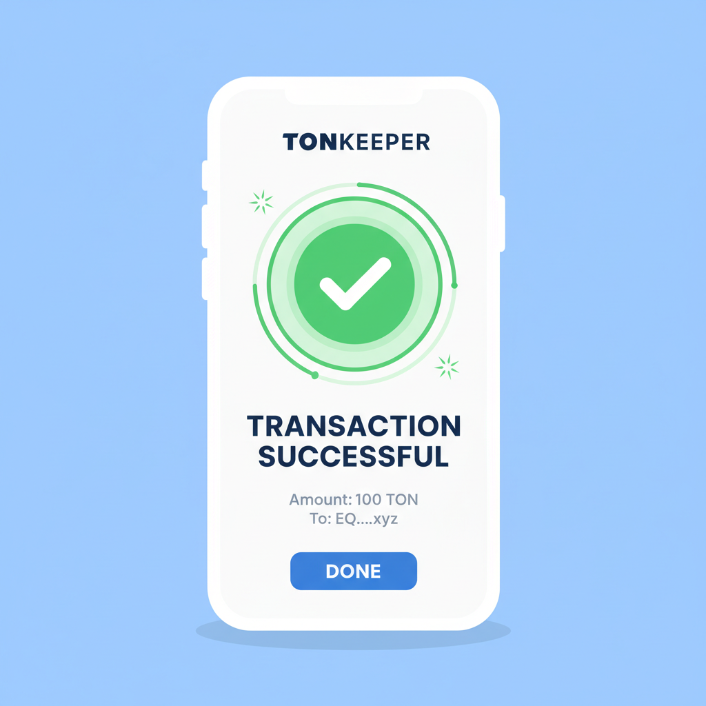 Tonkeeper transaction confirmation screen with success animation