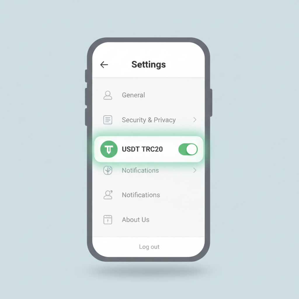 Tonkeeper mobile app settings screen highlighting USDT TRC20 toggle enabled, clean interface, mobile phone mockup