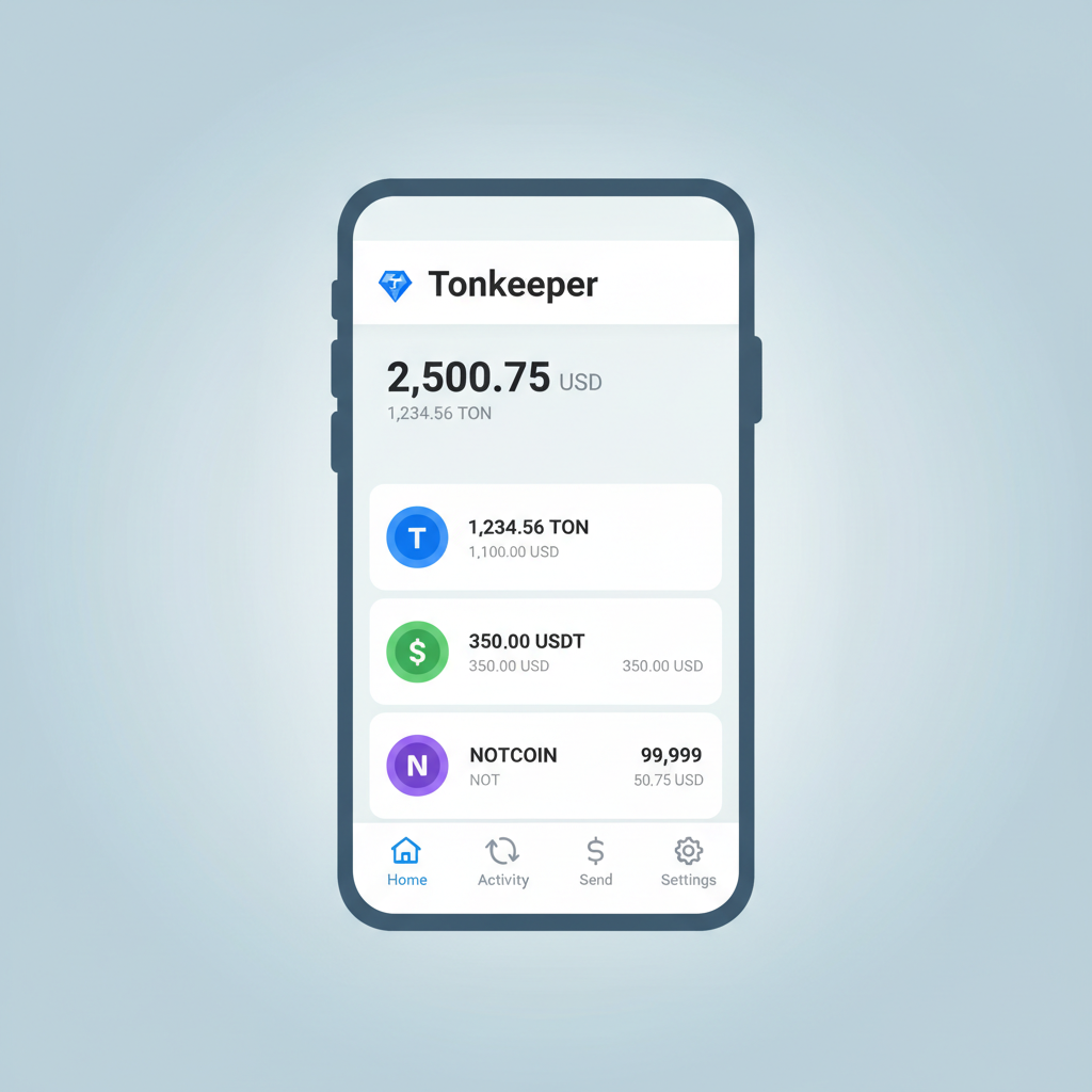 mobile phone screen displaying Tonkeeper wallet app home screen with token balances