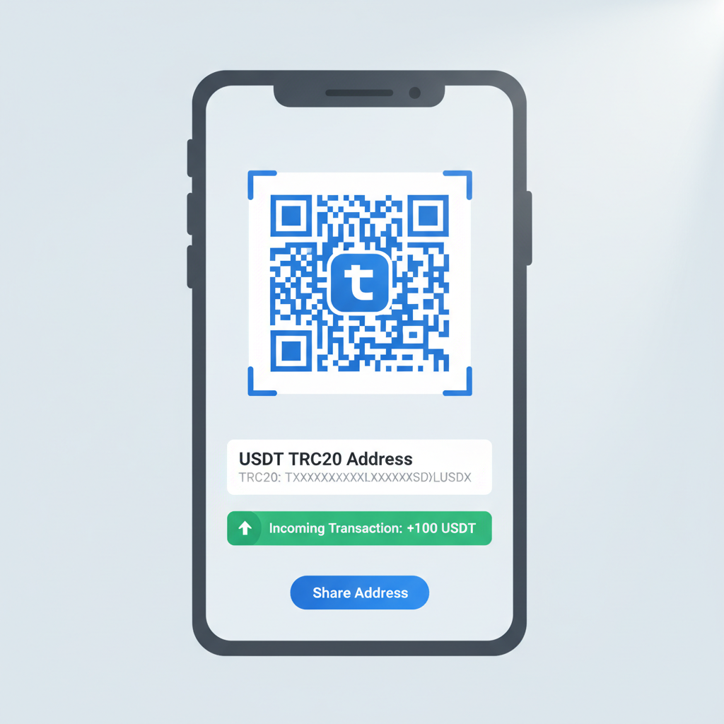 Tonkeeper wallet receive screen displaying QR code and USDT TRC20 address, incoming transaction notification