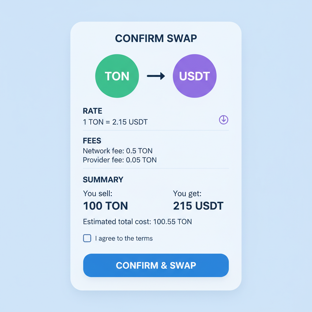 Tonkeeper swap confirmation screen showing rate, fees, and summary