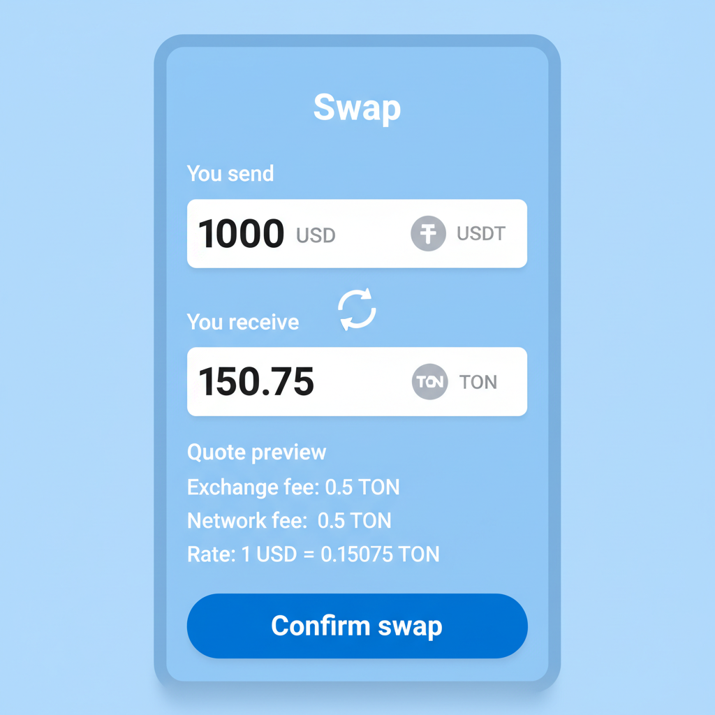 Tonkeeper swap interface showing USDT input to TON output, quote preview with fees, confirmation button