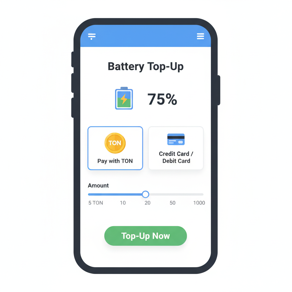 Tonkeeper app battery top-up screen showing TON and card options, simple mobile UI
