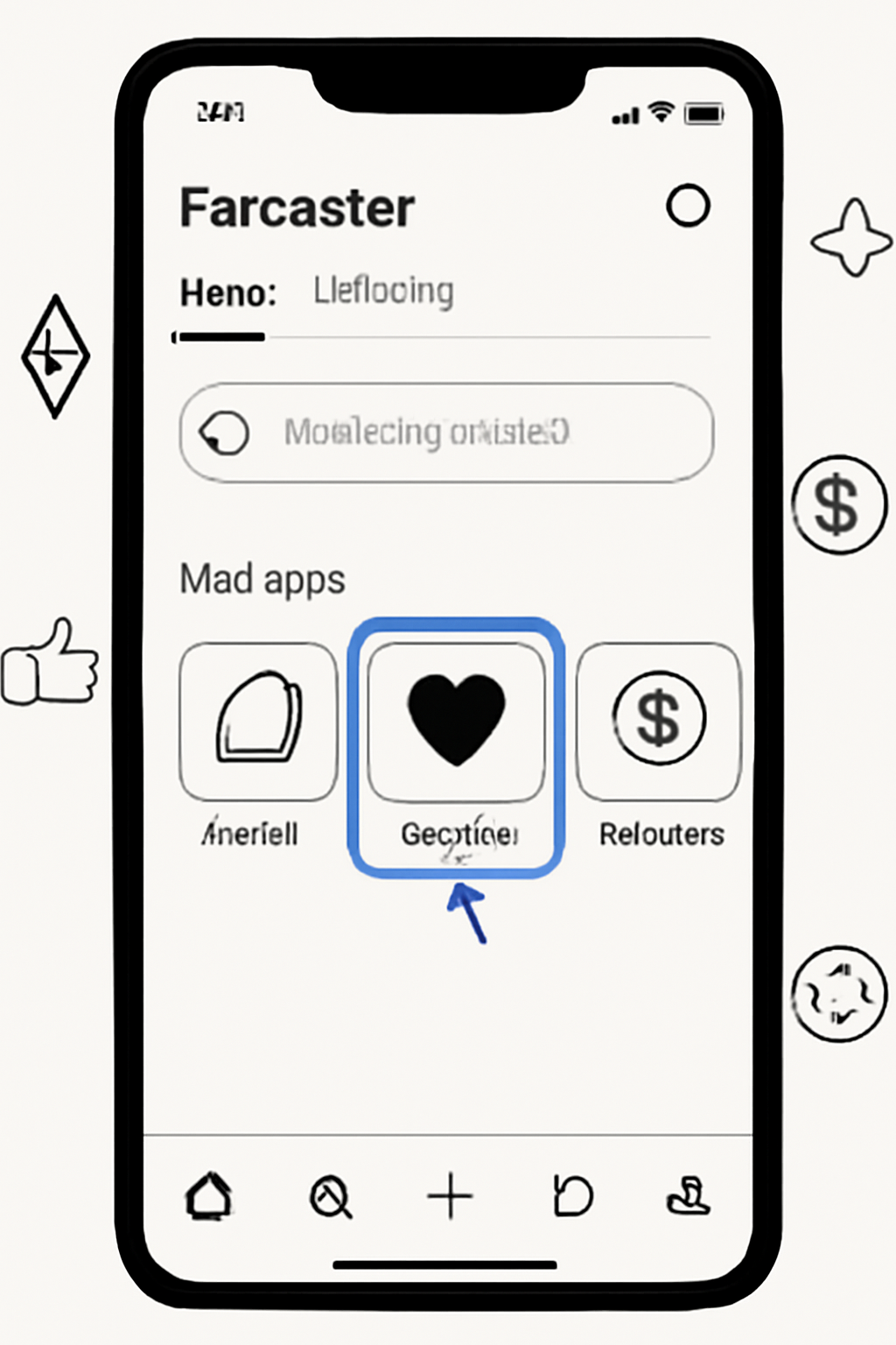 A smartphone screen displaying the Farcaster app with the Likes.fun mini app highlighted, modern interface, crypto icons