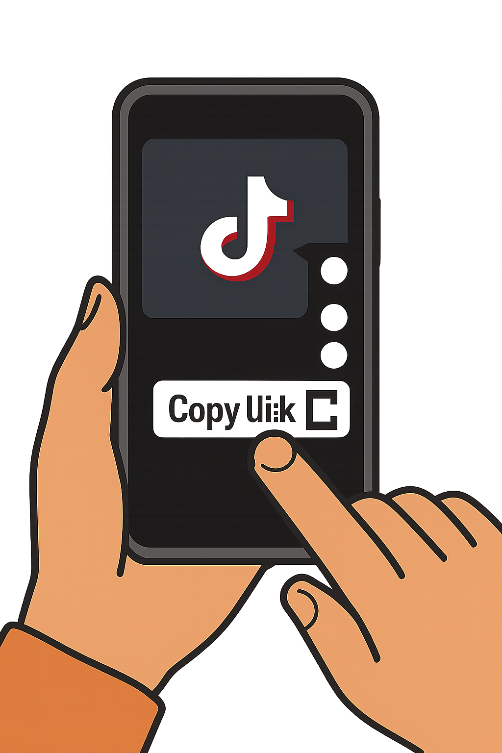 A hand holding a phone, copying a TikTok video link, TikTok logo visible, clear clipboard icon