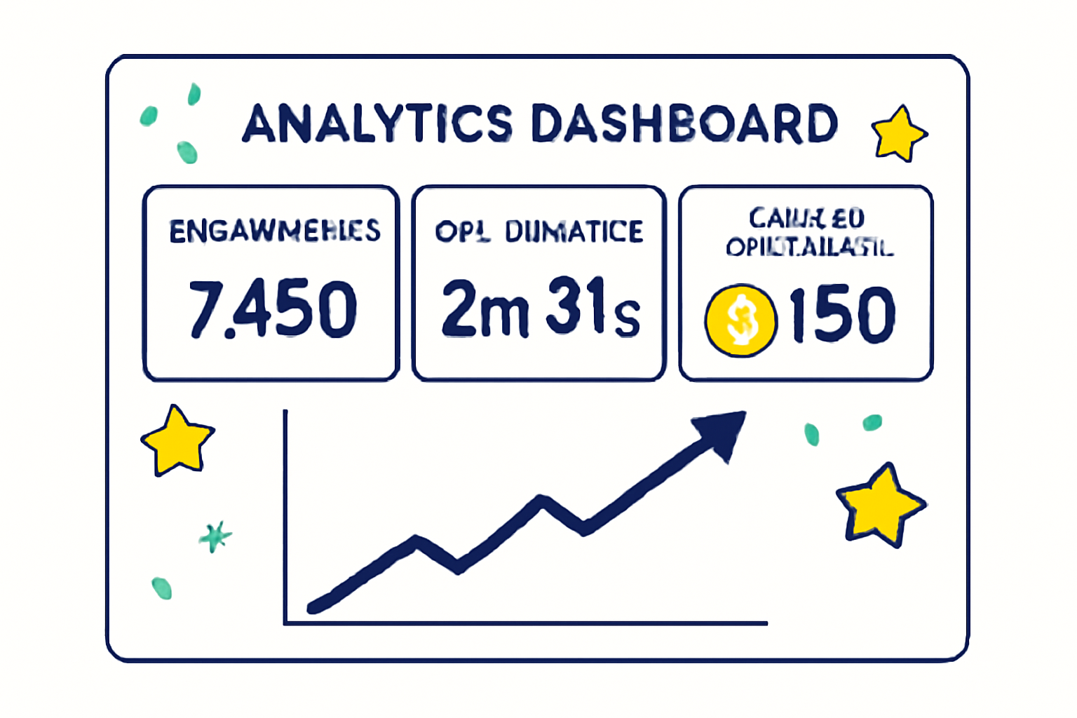 Analytics dashboard showing engagement metrics and crypto rewards, celebratory graphics, upward trend