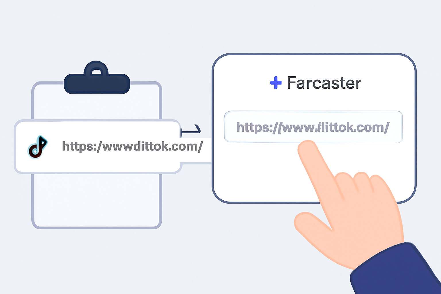 A user pasting a TikTok link into a sleek mini app interface, Farcaster branding, digital clipboard