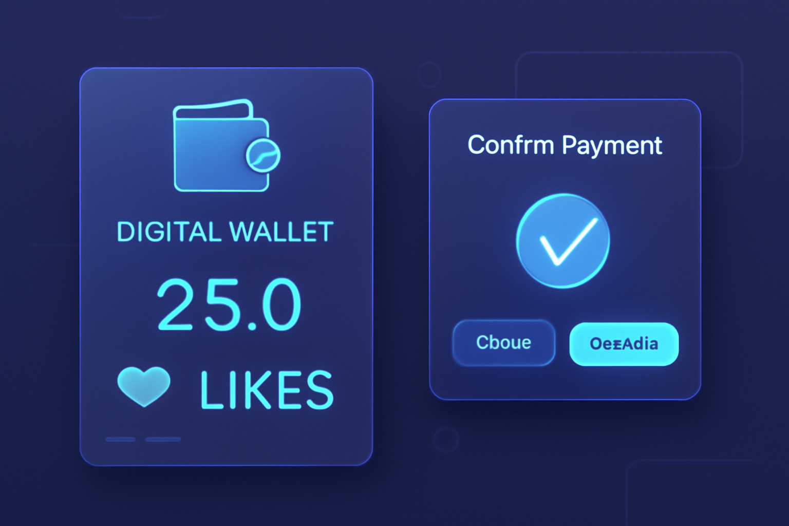 A digital wallet showing $LIKES token balance, confirmation popup for payment, futuristic UI