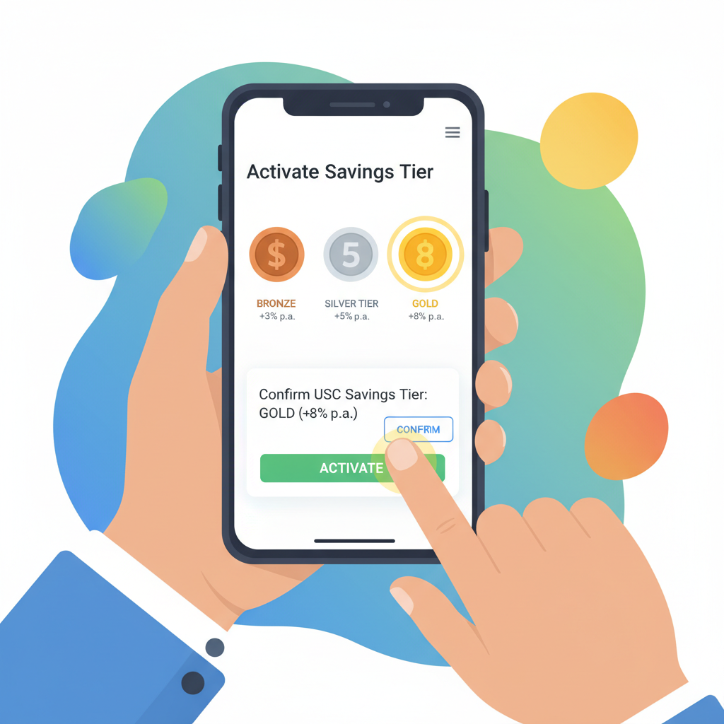 User activating USDC savings tier on app, tier icons and yield percentages, vibrant dashboard illustration