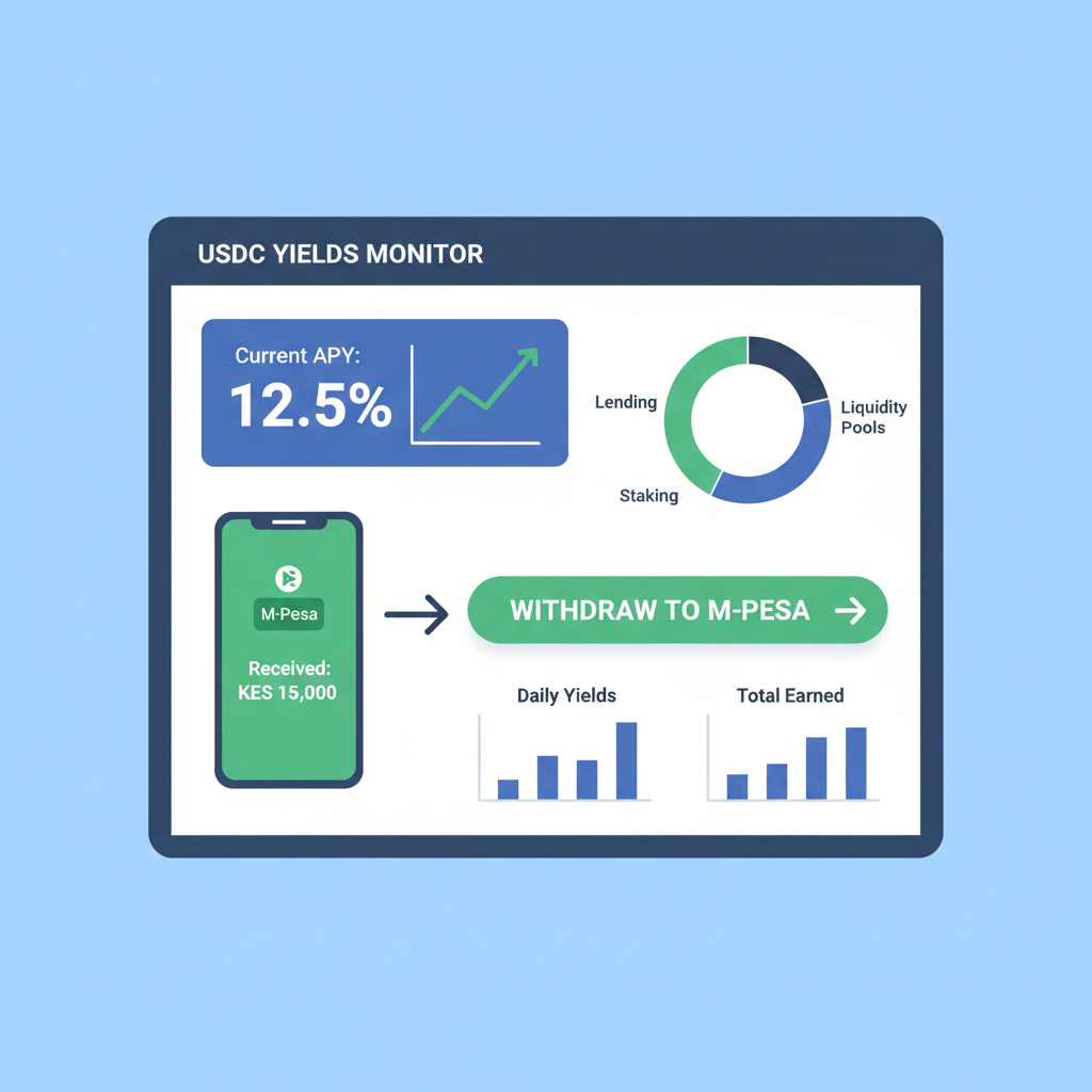 Dashboard monitoring USDC yields, withdrawal to M-Pesa button, charts and phone, educational style