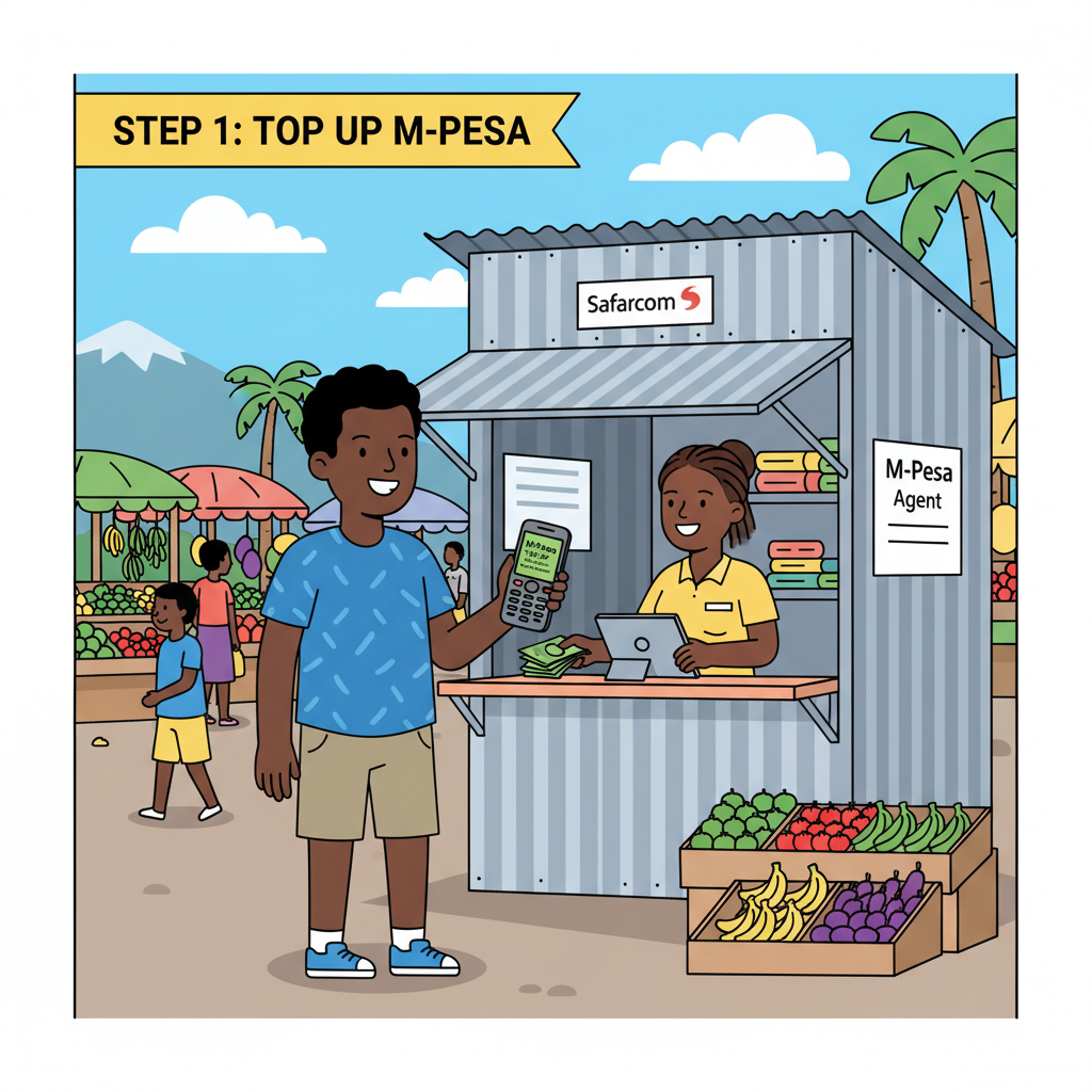 Kenyan user topping up M-Pesa at agent kiosk with phone, colorful market scene, illustrative style