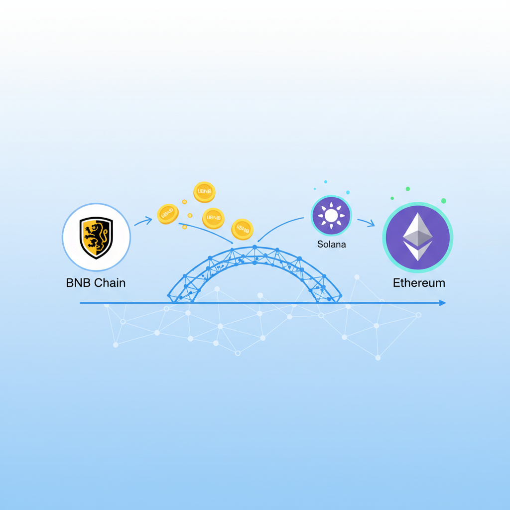 cross-chain bridge graphic liBNB tokens flying from BNB Chain to Solana and Ethereum icons