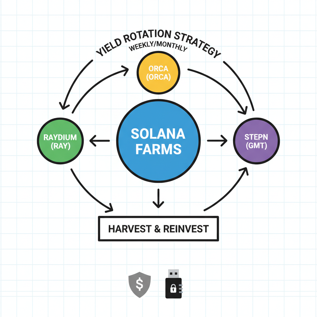 strategic yield rotation chart Solana farms, hardware wallet shield protecting DeFi