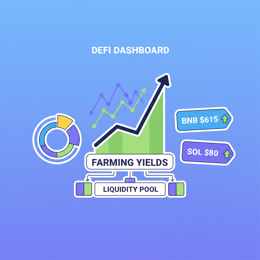 dynamic DeFi dashboard charts spiking yields, BNB $615 SOL $80 price tags