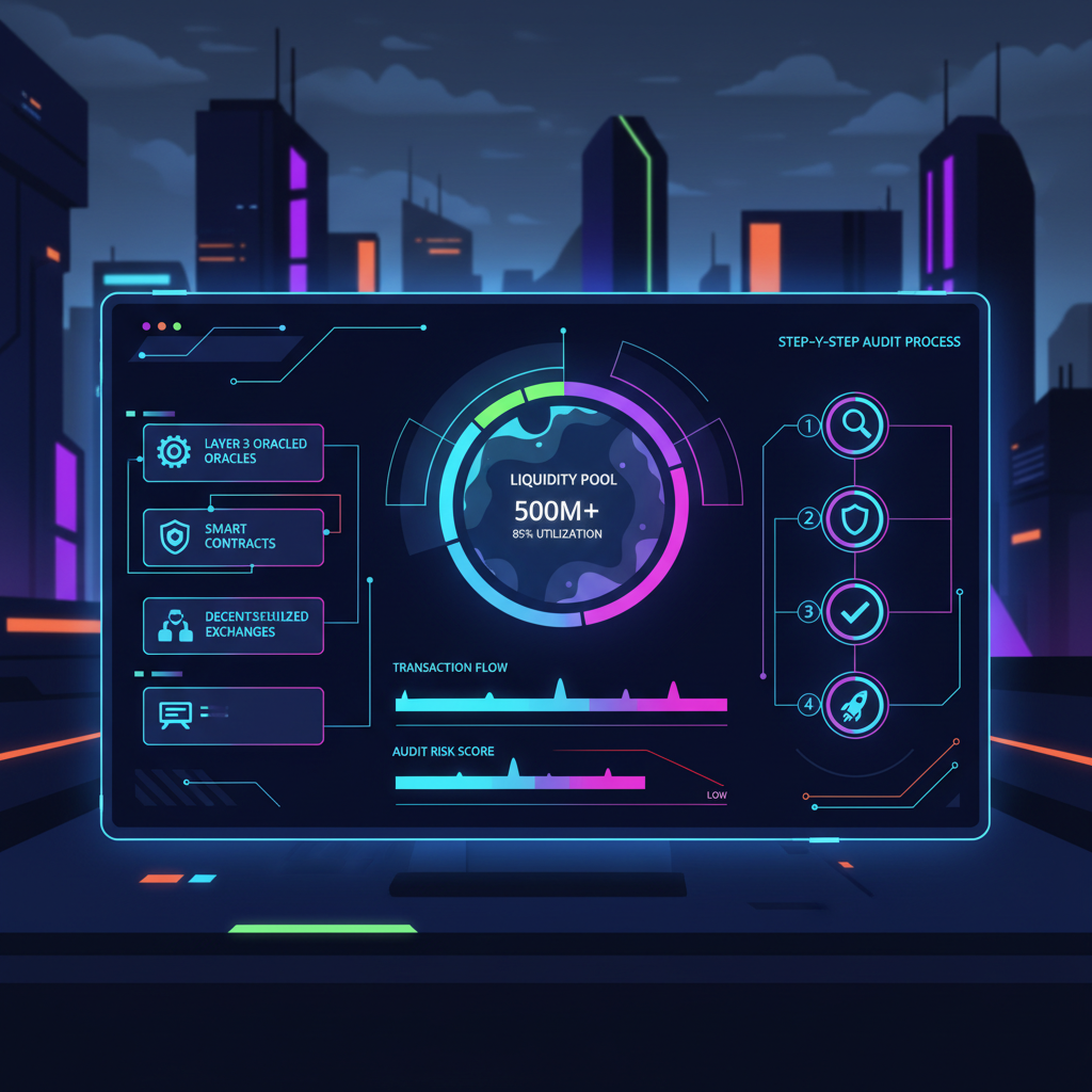 futuristic L3 blockchain audit dashboard glowing with liquidity metrics, neon charts, cyberpunk style