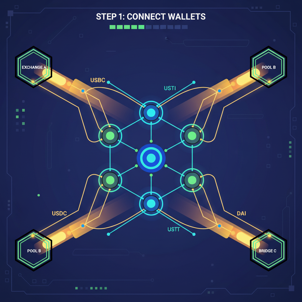 automated multichain liquidity router with glowing nodes and stablecoin streams, sci-fi interface