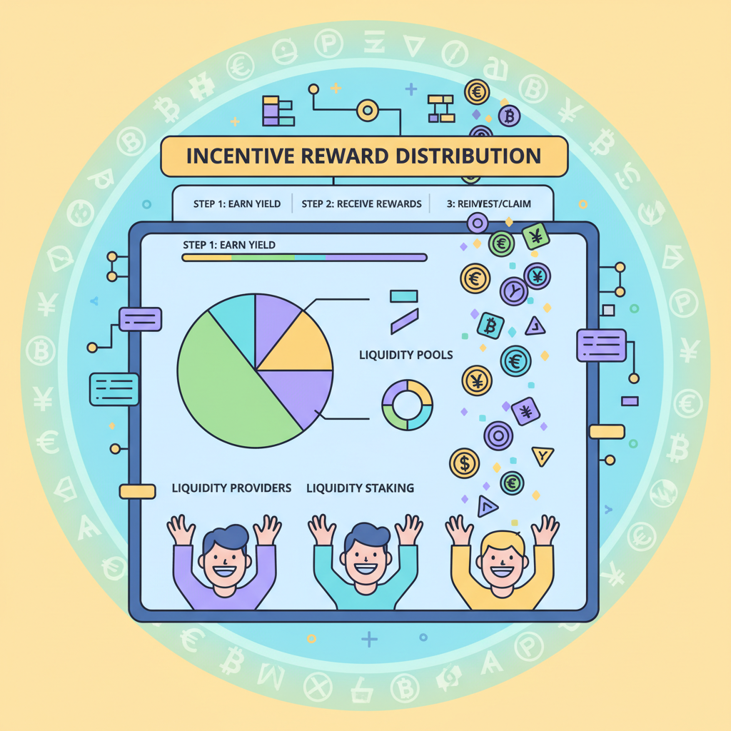 incentive reward distribution in DeFi dashboard, tokens raining on liquidity providers, festive crypto vibe