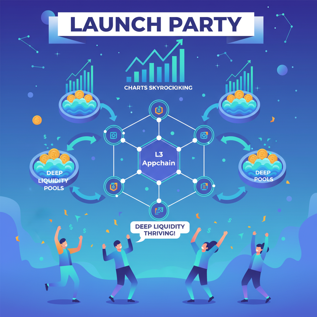 L3 appchain launch party with deep liquidity pools thriving, charts skyrocketing, futuristic celebration