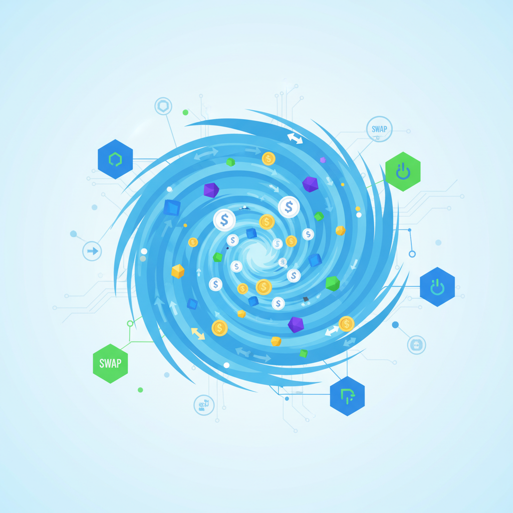 massive liquidity pool filling with tokens and stablecoins, whirlpool effect in blockchain ecosystem, dynamic