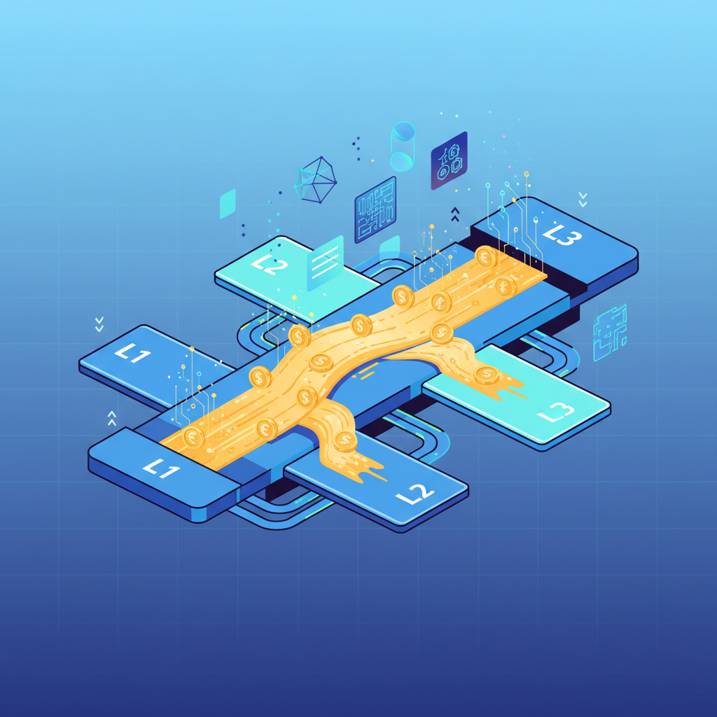 sleek blockchain bridge connecting L1 L2 L3 layers, stablecoins flowing like rivers, vibrant digital art