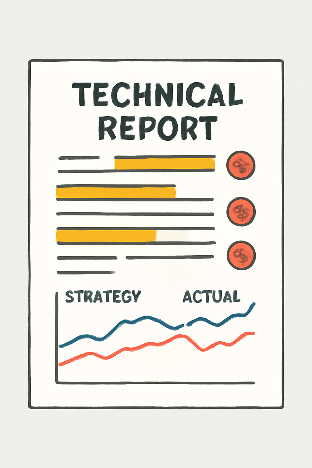 A technical report with highlighted weak points and charts showing strategy performance vs. actual prices