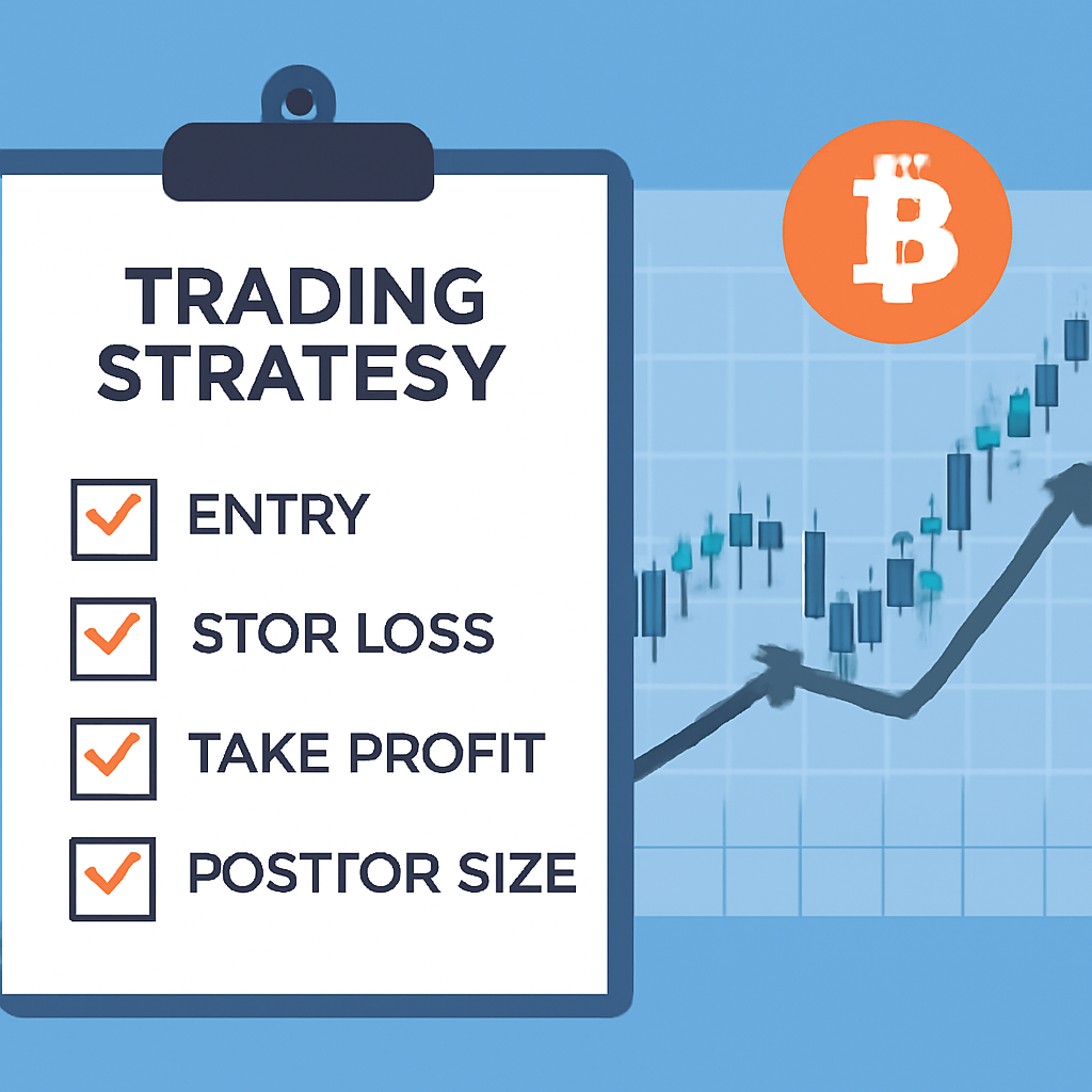 A technical diagram showing a checklist of trading strategy parameters with Bitcoin price chart in the background