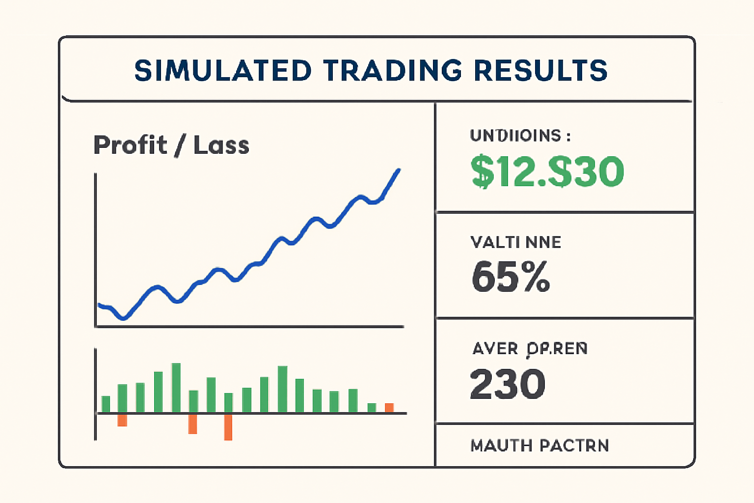 A dashboard displaying simulated trading results, with profit/loss charts and performance metrics