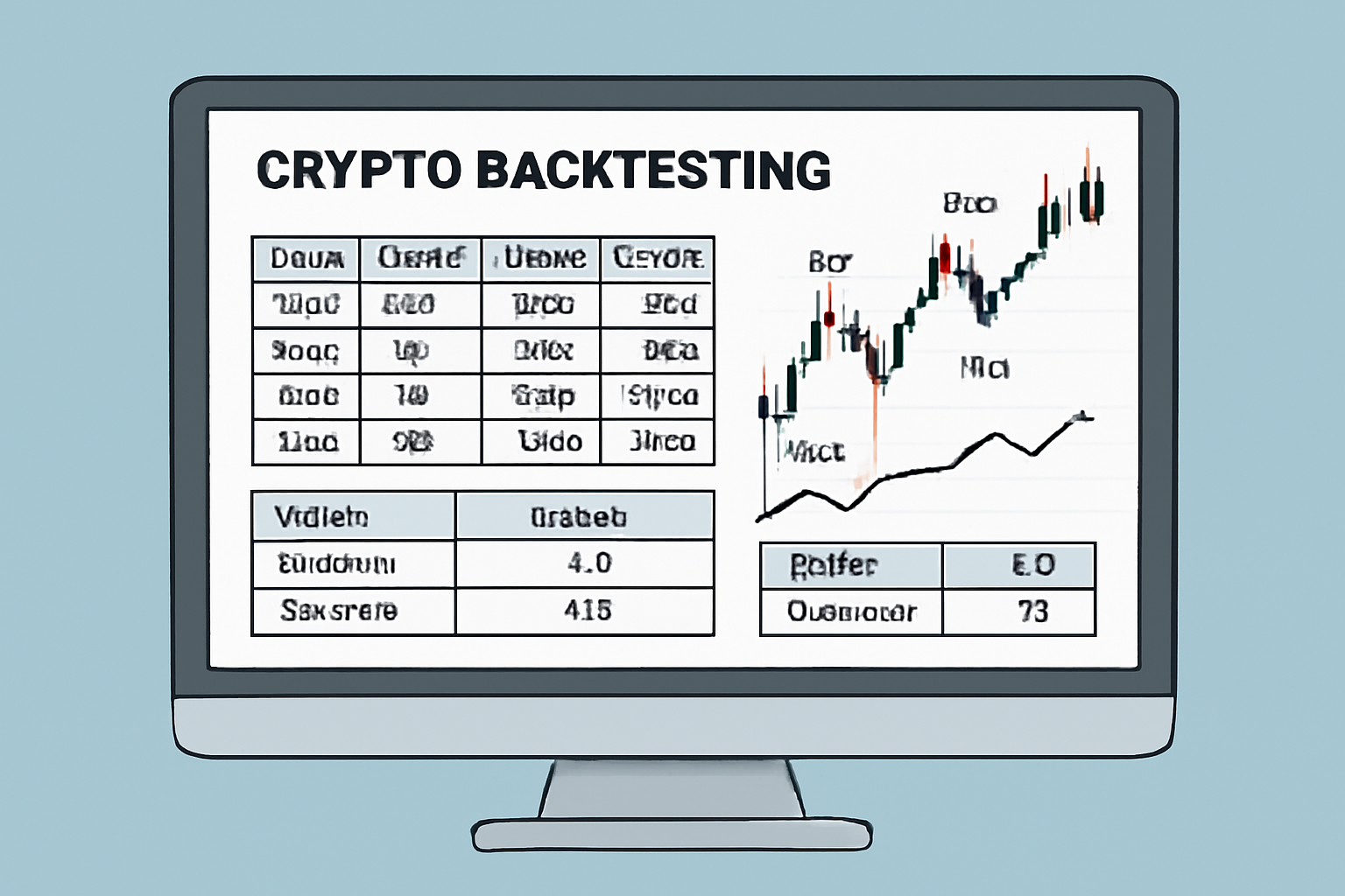 A computer screen displaying crypto backtesting software with charts and data tables
