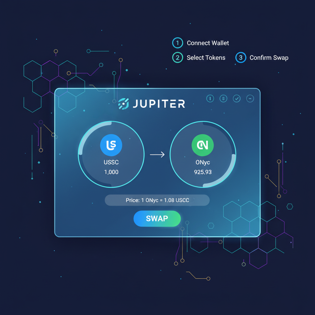 Jupiter DEX interface on Solana, swapping USDC for ONyc at $1.08, clean futuristic UI