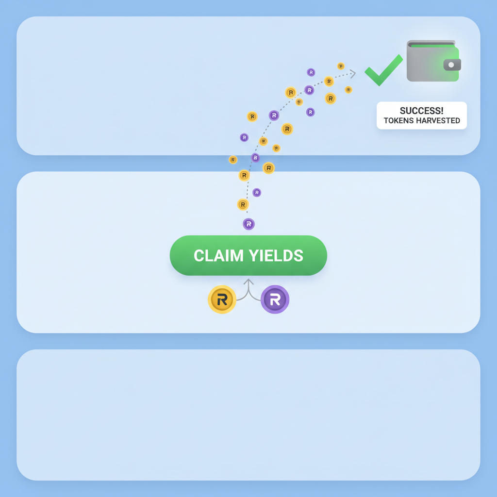 Claim yields button on OnRe protocol, tokens harvesting, success flow animation