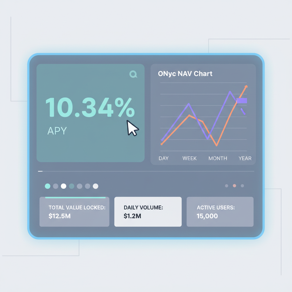 OnRe dashboard displaying 10.34% APY and ONyc NAV chart, professional metrics UI