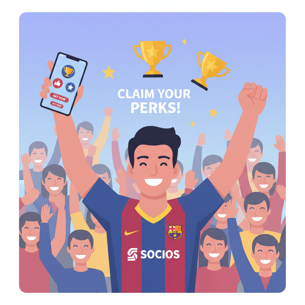 fan claiming perks in Socios app, Barcelona jersey, trophy icons, excited crowd background
