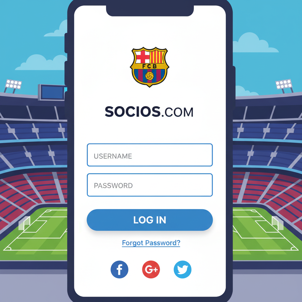 clean Socios app login screen with FC Barcelona logo, mobile interface, soccer stadium background