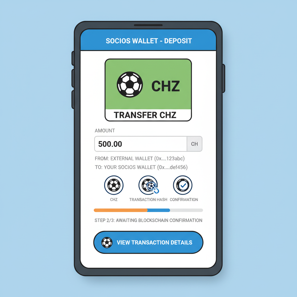 Socios wallet deposit screen showing CHZ transfer, blockchain wallet interface, soccer ball icons