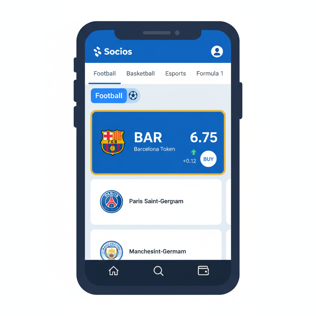 Socios app sports menu selecting Football Barcelona token, vibrant blue team colors, token price display