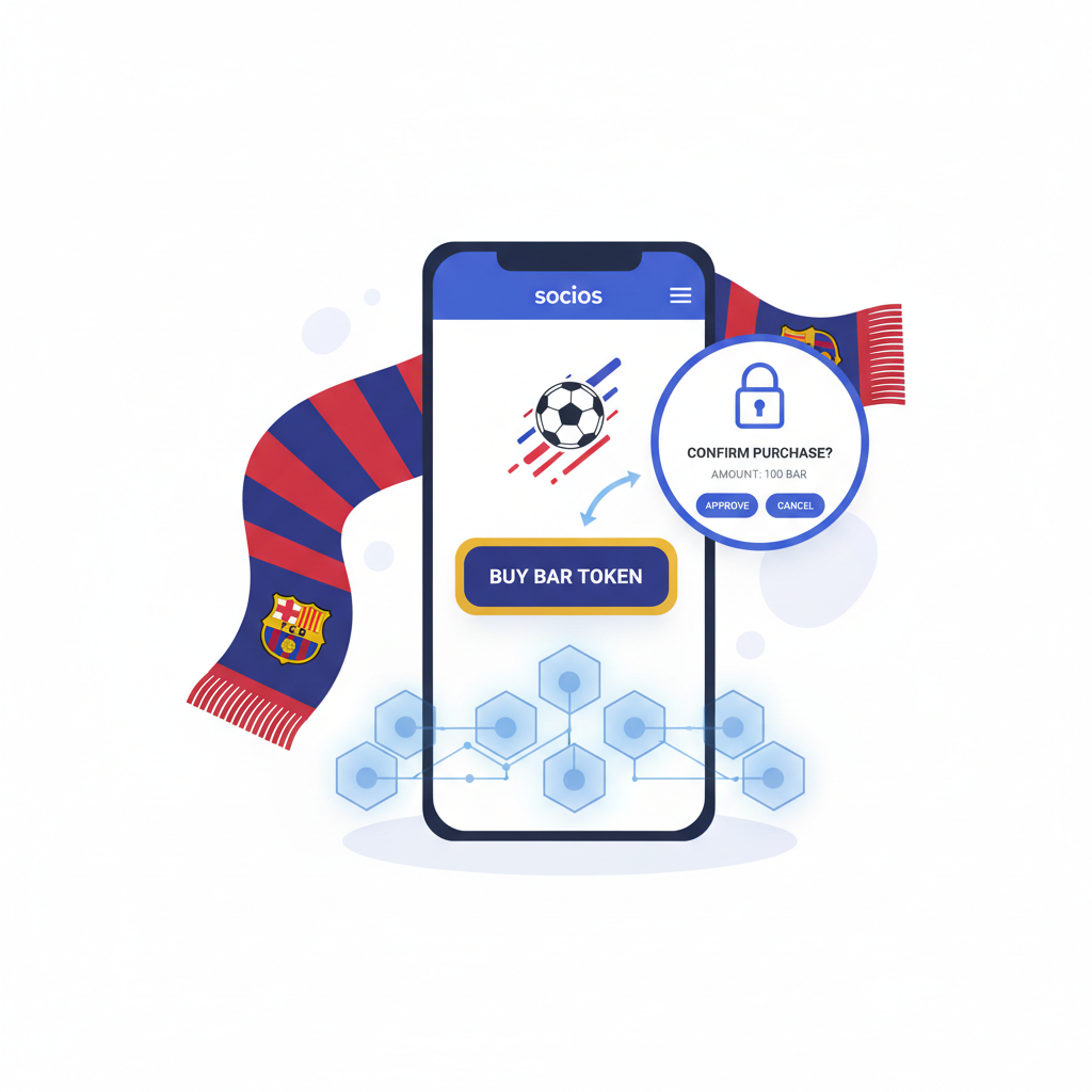 buy button on Socios for BAR token purchase, wallet confirmation popup, FC Barcelona scarf and blockchain elements