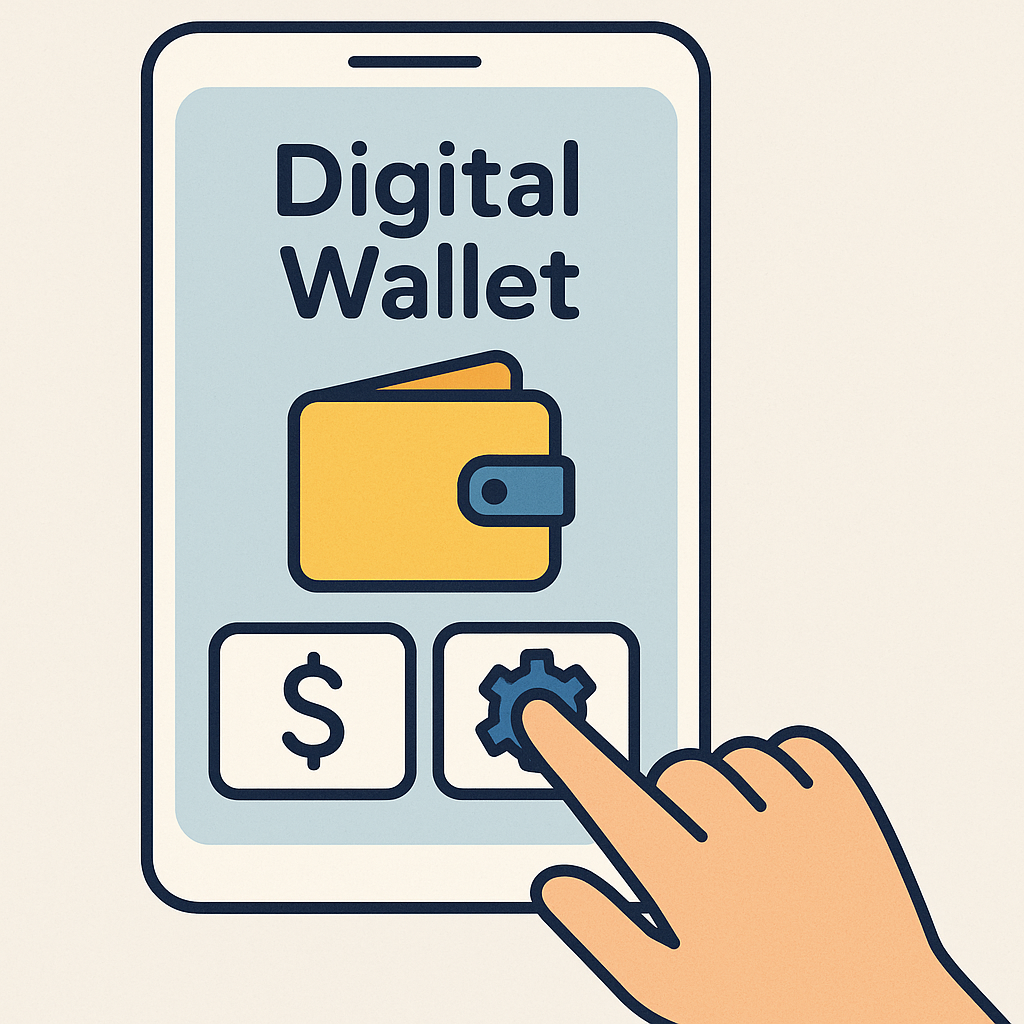 A hand tapping the settings gear icon on a digital wallet app interface