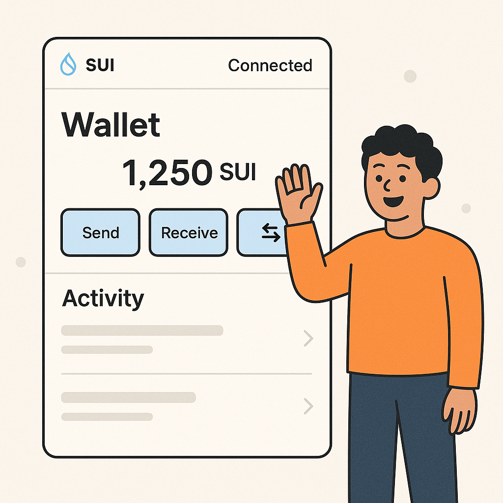 A digital wallet dashboard displaying SUI as an active network, with a cheerful user