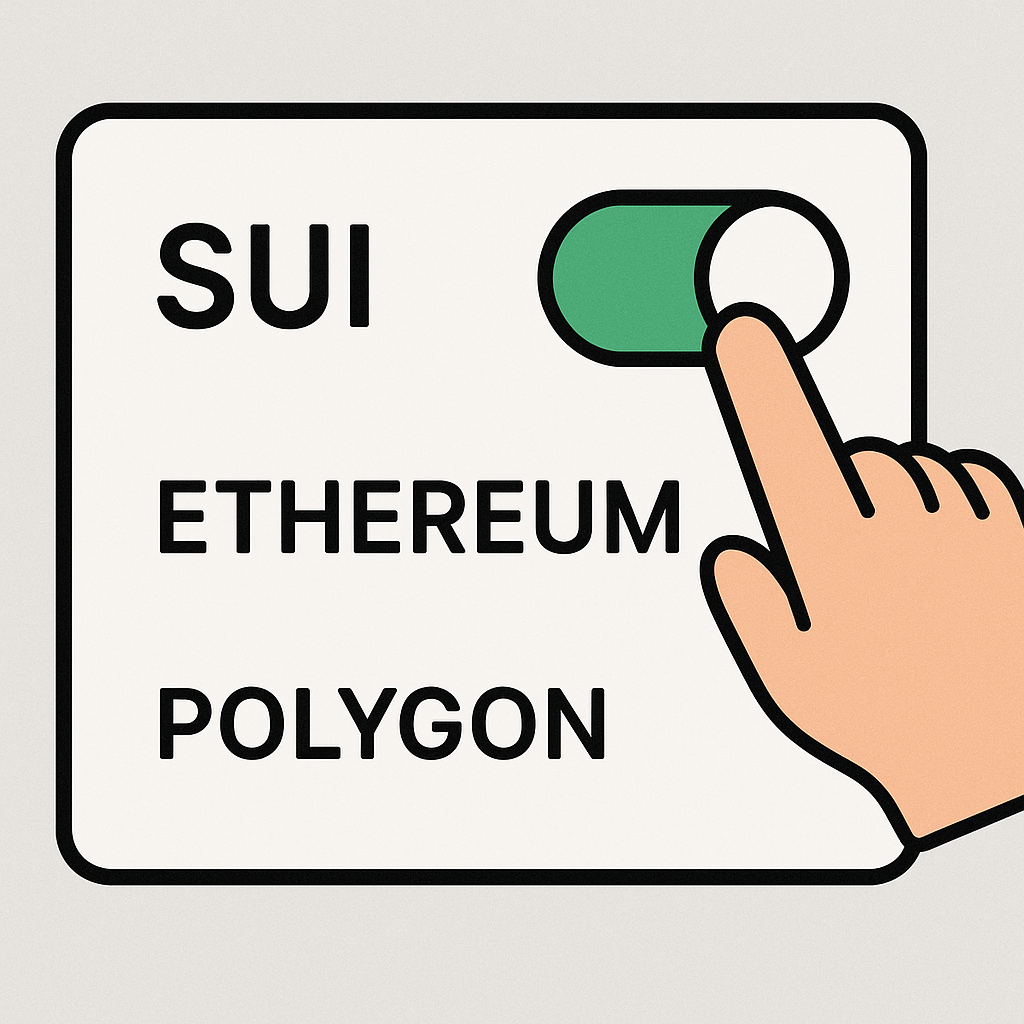 A toggle switch being turned on next to 'SUI' in a wallet network list