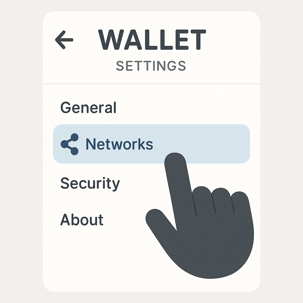 A digital wallet settings screen highlighting the 'Networks' section