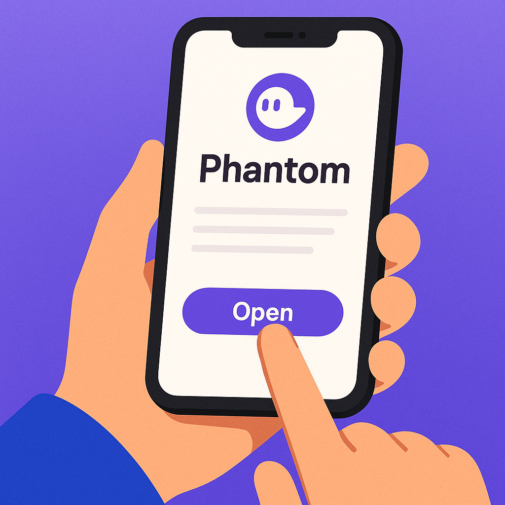 A person opening the Phantom wallet app on a smartphone, with a vibrant and modern interface