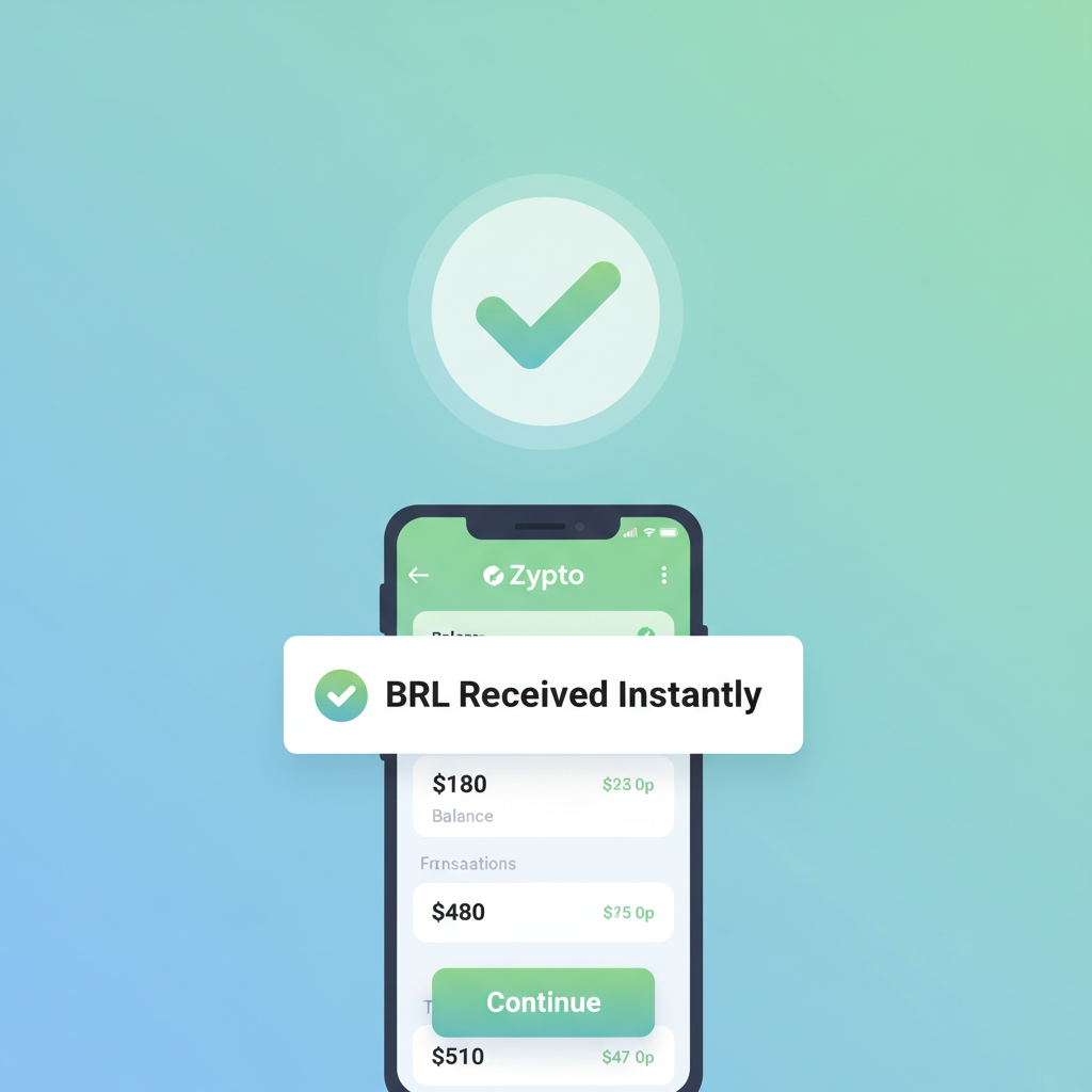 Zypto app success screen with 'BRL Received Instantly' notification, green checkmark